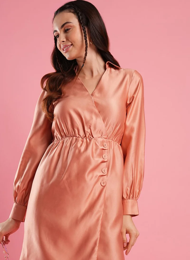 globus Globus Women Shirt Collar Cuffed Sleeves Hong Button Detailing Satin Wrap Dress